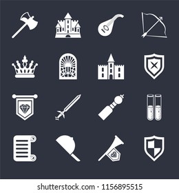 Set Of 16 icons such as Shield, Fanfare, Hat, Scroll, Alchemy, Axe, Crown, Standard, Castle on black background, web UI editable icon pack