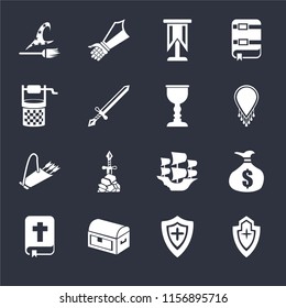 Set Of 16 icons such as Shield, Chest, Bible, Money bag, Witch, Water well, Quiver, Goblet on black background, web UI editable icon pack