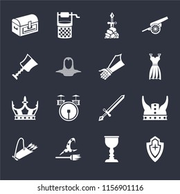 Set Of 16 icons such as Shield, Goblet, Witch, Quiver, Viking, Chest, Cup, Crown, Gauntlet on black background, web UI editable icon pack