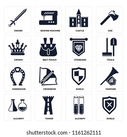 Set Of 16 icons such as Shield, Alchemy, Tower, Fanfare, Sword, Crown, Horseshoe, Standard, web UI editable icon pack, pixel perfect