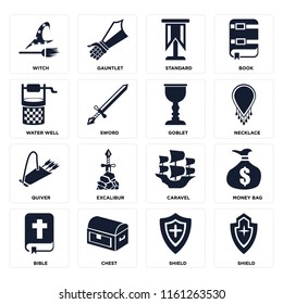 Set Of 16 icons such as Shield, Chest, Bible, Money bag, Witch, Water well, Quiver, Goblet, web UI editable icon pack, pixel perfect