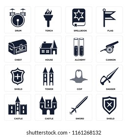 Set Of 16 icons such as Shield, Sword, Castle, Dagger, Drum, Chest, Alchemy, web UI editable icon pack, pixel perfect