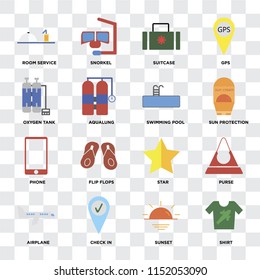 Set Of 16 icons such as Shirt, Sunset, Check in, Airplane, Purse, Room service, Oxygen tank, Phone, Swimming pool on transparent background, pixel perfect