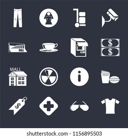 Set Of 16 icons such as Shirt, Glasses, Hospital, Price, Fast food, Jeans, Mall, Atm on black background, web UI editable icon pack