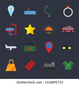 Set Of 16 icons such as Shirt, Railway, Tickets, Bag, Sunglasses, Check in, Snorkel, Airplane, Sunset on black background, web UI editable icon pack