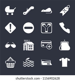 Set Of 16 icons such as Shirt, Mall, Wave, Shopping basket, Purse, Baby carriage, Warning, Glasses, Junction on black background, web UI editable icon pack