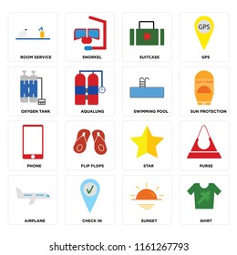Set Of 16 icons such as Shirt, Sunset, Check in, Airplane, Purse, Room service, Oxygen tank, Phone, Swimming pool, web UI editable icon pack, pixel perfect
