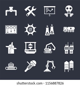 Set Of 16 icons such as Silo, Industrial robot, Sanding machine, Conveyor, Walkie talkie, Pump, Control panel, Mill, Nuclear plant on black background, web UI editable icon pack