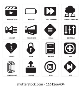 Set Of 16 icons such as Skip, Stop, Upload, Fingerprint, Add, Video player, Speaker, Dislike, Equal, web UI editable icon pack, pixel perfect