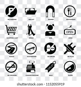 Set Of 16 icons such as Slope, Sale, Cashier machine, No smoking, plug, parking, Shopping cart, Roads, Girl on transparent background, pixel perfect