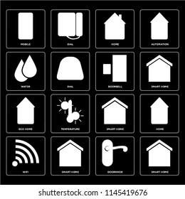Set Of 16 icons such as Smart home, Doorknob, Wifi, Home, Mobile, Water, Eco Doorbell, web UI editable icon pack, pixel perfect