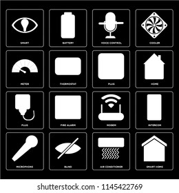 Set Of 16 icons such as Smart home, Air conditioner, Blind, Microphone, Intercom, Smart, Meter, Plug, web UI editable icon pack, pixel perfect