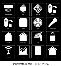 Set Of 16 icons such as Smart home, Plug, Chart, Wireless, Unlock, Air conditioner, Handle, Home, Fan, web UI editable icon pack, pixel perfect