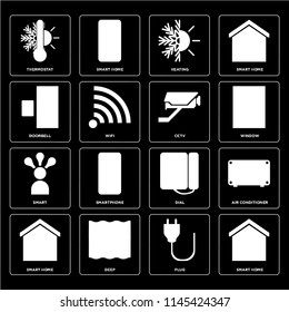 Set Of 16 icons such as Smart home, Plug, Deep, Air conditioner, Thermostat, Doorbell, Smart, Cctv, web UI editable icon pack, pixel perfect
