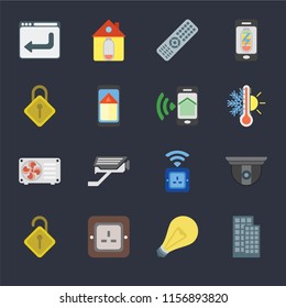 Set Of 16 icons such as Smart home, Light, Plug, Locked, Security camera, Browser, Locking, Air conditioner, Smartphone on black background, web UI editable icon pack