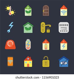 Set Of 16 icons such as Smart home, Unlock, Home, Mobile, Temperature, Power, Dial, Handle on black background, web UI editable icon pack