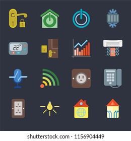 Set Of 16 icons such as Smart home, Home, Light, Plug, Dial, Handle, Thermostat, Voice control, Chart on black background, web UI editable icon pack