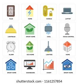 Set Of 16 icons such as Smart home, Chart, Dashboard, Home, Plug, Lightbulb, Alarm, Cool, web UI editable icon pack, pixel perfect