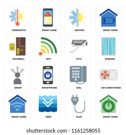 Set Of 16 icons such as Smart home, Plug, Deep, Air conditioner, Thermostat, Doorbell, Smart, Cctv, web UI editable icon pack, pixel perfect