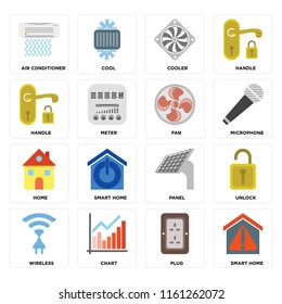 Set Of 16 icons such as Smart home, Plug, Chart, Wireless, Unlock, Air conditioner, Handle, Home, Fan, web UI editable icon pack, pixel perfect