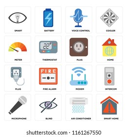 Set Of 16 icons such as Smart home, Air conditioner, Blind, Microphone, Intercom, Smart, Meter, Plug, web UI editable icon pack, pixel perfect