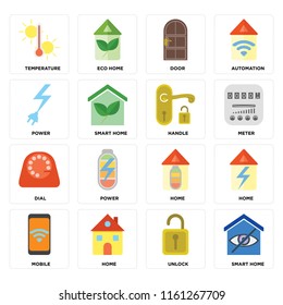 Set Of 16 icons such as Smart home, Unlock, Home, Mobile, Temperature, Power, Dial, Handle, web UI editable icon pack, pixel perfect