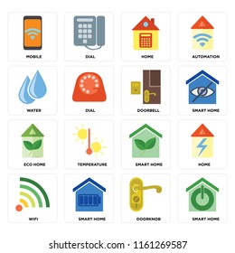 Set Of 16 icons such as Smart home, Doorknob, Wifi, Home, Mobile, Water, Eco Doorbell, web UI editable icon pack, pixel perfect