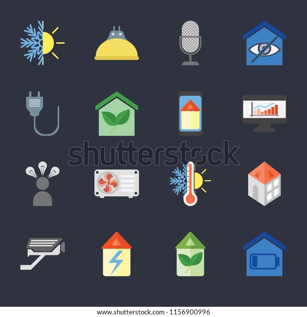 Set Of 16 icons such as Smart home, Eco Home, Cctv,
Heating, Plug, Smart, home on black background, web UI editable
icon pack