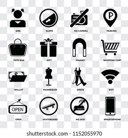 Set Of 16 icons such as Smarthphone, No wifi, Skateboard, Open, Wifi, Girl, Tote bag, Wallet, Magnet on transparent background, pixel perfect