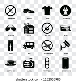 Set Of 16 icons such as Smartphone, Traffic light, Camera, Coffee cup, Cctv, No drugs, Glasses, Jeans, fire on transparent background, pixel perfect