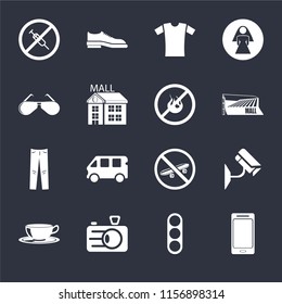 Set Of 16 icons such as Smartphone, Traffic light, Camera, Coffee cup, Cctv, No drugs, Glasses, Jeans, fire on black background, web UI editable icon pack