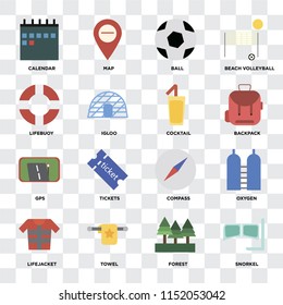 Set Of 16 icons such as Snorkel, Forest, Towel, Lifejacket, Oxygen, Calendar, Lifebuoy, Gps, Cocktail on transparent background, pixel perfect