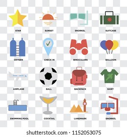 Set Of 16 icons such as Snorkel, Landmark, Cocktail, Swimming pool, Shirt, Star, Oxygen, Airplane, Binoculars on transparent background, pixel perfect
