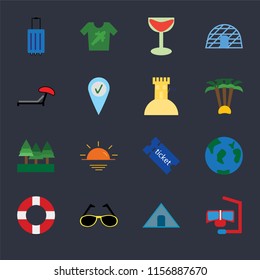 Set Of 16 icons such as Snorkel, Tent, Sunglasses, Lifebuoy, Travel, Luggage, Sunbed, Forest, Sand castle on black background, web UI editable icon pack