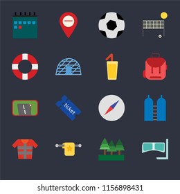 Set Of 16 icons such as Snorkel, Forest, Towel, Lifejacket, Oxygen, Calendar, Lifebuoy, Gps, Cocktail on black background, web UI editable icon pack
