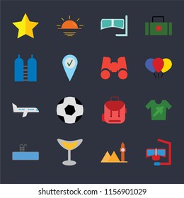 Set Of 16 icons such as Snorkel, Landmark, Cocktail, Swimming pool, Shirt, Star, Oxygen, Airplane, Binoculars on black background, web UI editable icon pack