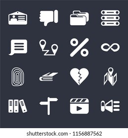 Set Of 16 icons such as Speaker, Video player, , Archive, Map, Id card, Notification, Fingerprint, Percent on black background, web UI editable icon pack