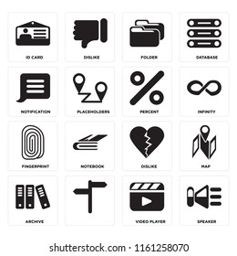 Set Of 16 icons such as Speaker, Video player, , Archive, Map, Id card, Notification, Fingerprint, Percent, web UI editable icon pack, pixel perfect