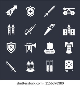 Set Of 16 icons such as Spellbook, Alchemy, Helmet, Sword, Tunic, Lance, Tower, Shield, Torch on black background, web UI editable icon pack