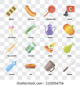 Set Of 16 icons such as Spoon, Mug, Pie, Water, Pear, Biscuit, Ice cream, Rolling pin, Teapot on transparent background, pixel perfect