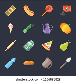 Set Of 16 icons such as Spoon, Mug, Pie, Water, Pear, Biscuit, Ice cream, Rolling pin, Teapot on black background, web UI editable icon pack