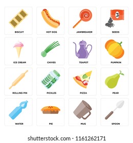 Set Of 16 icons such as Spoon, Mug, Pie, Water, Pear, Biscuit, Ice cream, Rolling pin, Teapot, web UI editable icon pack, pixel perfect