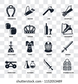 Set Of 16 icons such as Stained glass, Sword, Alchemy, Trebuchet, Horseshoe, Beer, Excalibur, Wine on transparent background, pixel perfect