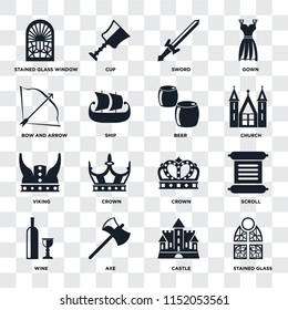 Set Of 16 icons such as Stained glass, Castle, Axe, Wine, Scroll, glass window, Bow and arrow, Viking, Beer on transparent background, pixel perfect