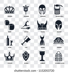 Set Of 16 icons such as Stained glass, Goblet, Shield, Crown, Beer, Wine, Viking on transparent background, pixel perfect