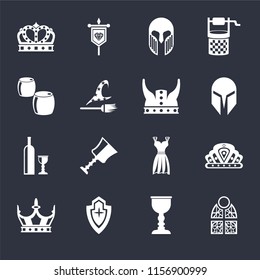 Set Of 16 icons such as Stained glass, Goblet, Shield, Crown, Beer, Wine, Viking on black background, web UI editable icon pack