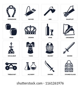 Set Of 16 icons such as Stained glass, Sword, Alchemy, Trebuchet, Horseshoe, Beer, Excalibur, Wine, web UI editable icon pack, pixel perfect