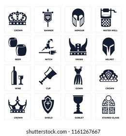 Set Of 16 icons such as Stained glass, Goblet, Shield, Crown, Beer, Wine, Viking, web UI editable icon pack, pixel perfect