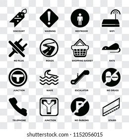 Set Of 16 icons such as Stairs, No parking, Junction, Telephone, drugs, Discount, plug, Shopping basket on transparent background, pixel perfect