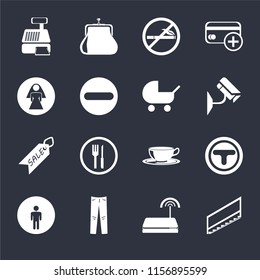 Set Of 16 icons such as Stairs, Wifi, Jeans, Restroom, Junction, Cashier machine, Sale, Baby carriage on black background, web UI editable icon pack